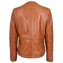 Women's Real Leather Collarless Fashion Jacket Slim Fit Style Clara Tan