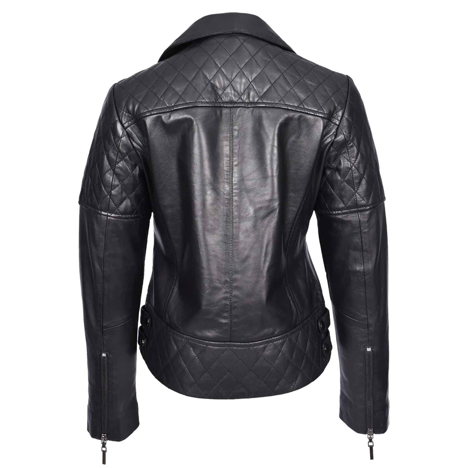 Women’s Real Leather Biker Jacket Black – Nixi Multi Cross Zip Quilted