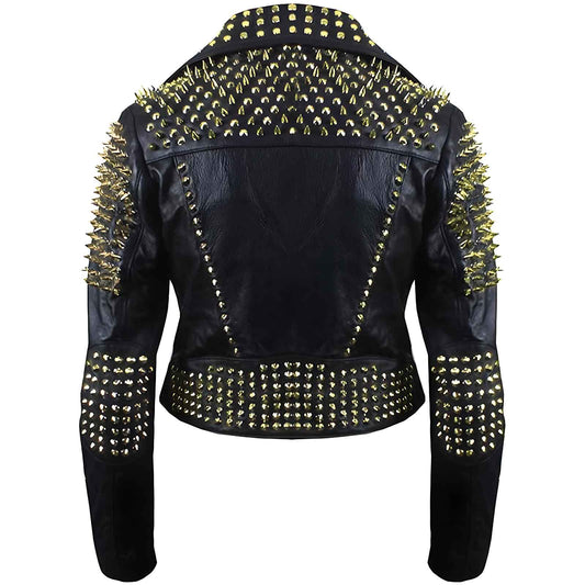 Women’s Studded Leather Jacket | Brando Rocker Spikes Biker Outerwear