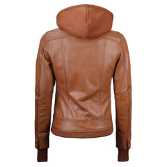 Regals Leather Tralee Women's Tan Brown Wax Bomber Leather Jacket With Removable Hood