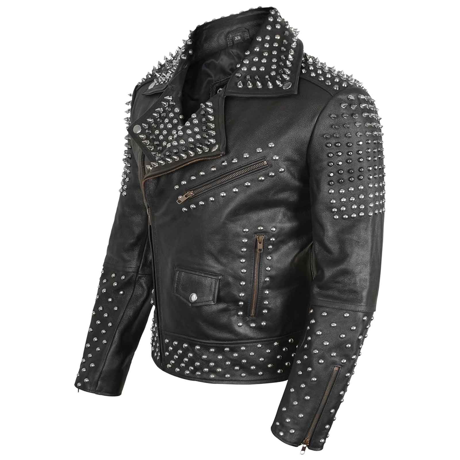 Men’s Studded Leather Jacket – Rock Punk Brando Motorcycle Black Biker Spiked Jacket