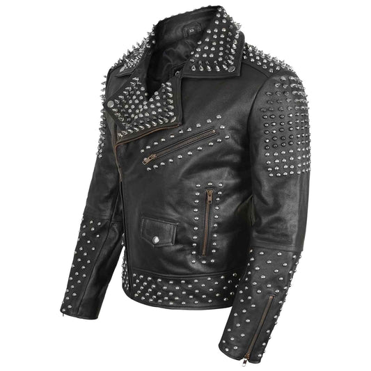 Men’s Studded Leather Jacket – Rock Punk Brando Motorcycle Black Biker Spiked Jacket