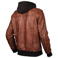 Men's Leather Jacket Genuine Motorcycle Fashion Jacket With Removable Hood Brown Leather Jacket For Man