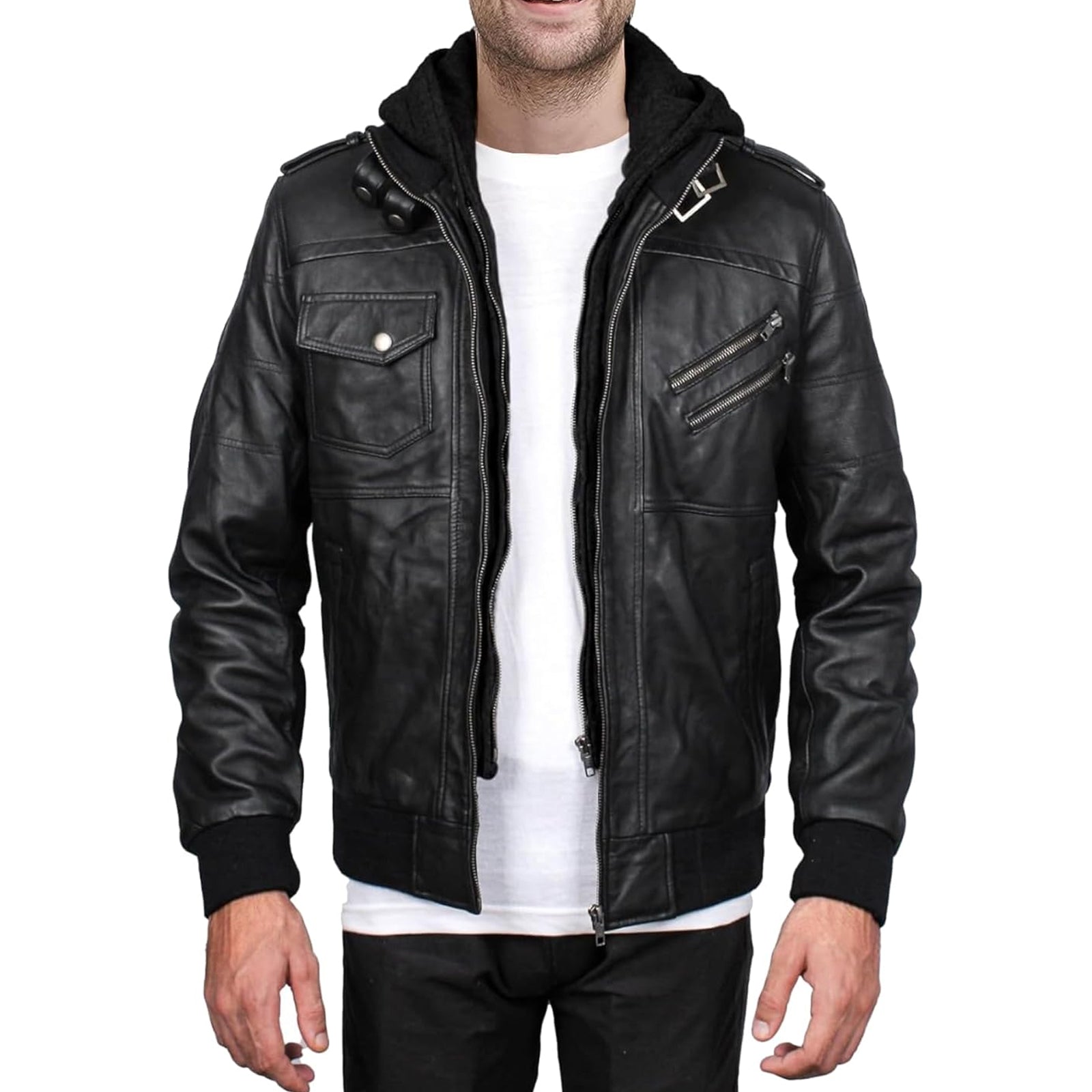 Mens Leather Jacket Geniune Motorcycle Fashion Jacket Men With Removable Hood Leather Jacket Black