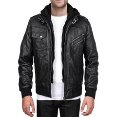 Mens Leather Jacket Geniune Motorcycle Fashion Jacket Men With Removable Hood Leather Jacket Black