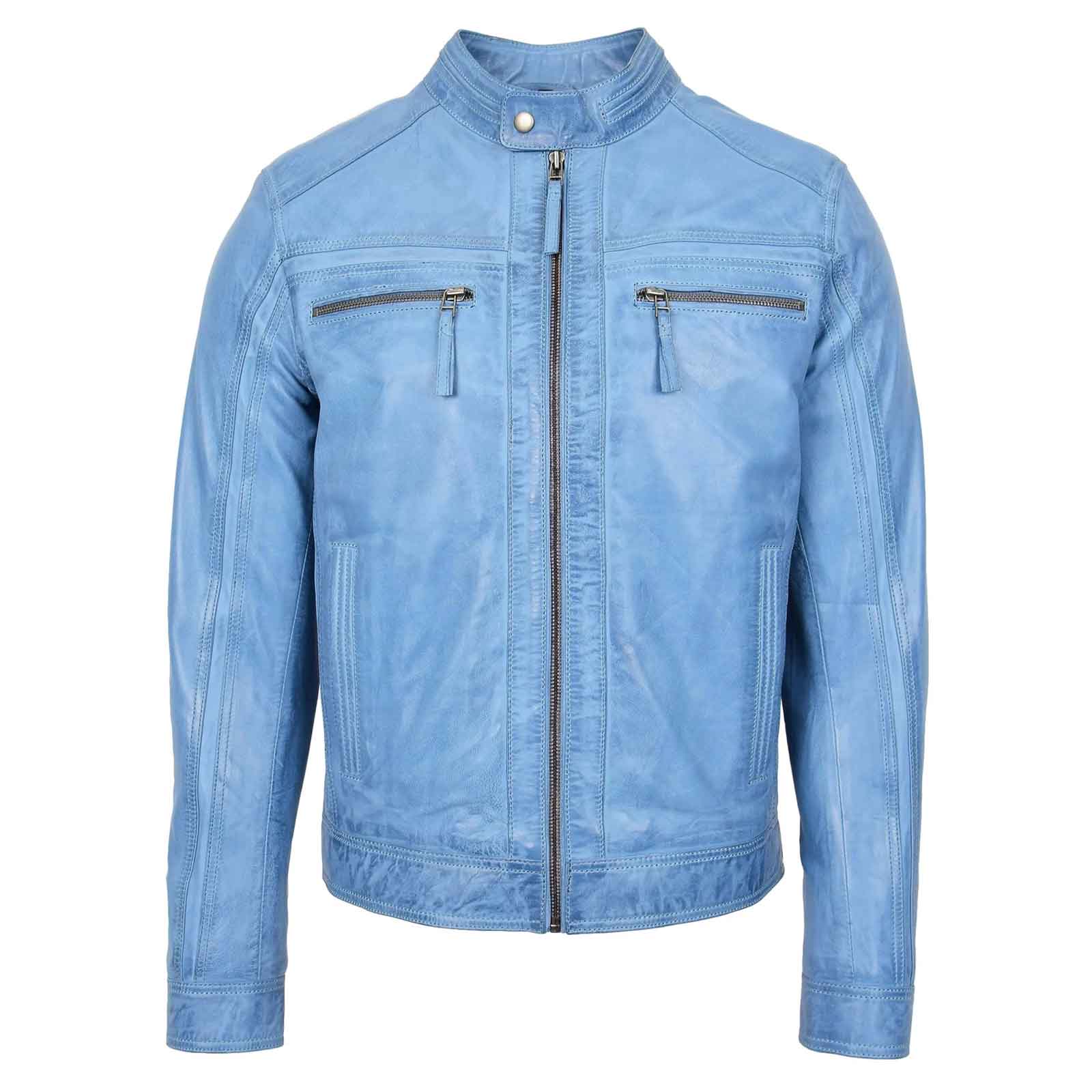 Men’s Sky Blue Leather Cafe Racer Jacket – Charlie Biker Style | Regals Leather