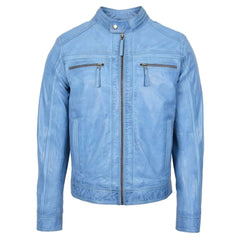Men’s Sky Blue Leather Cafe Racer Jacket – Charlie Biker Style | Regals Leather