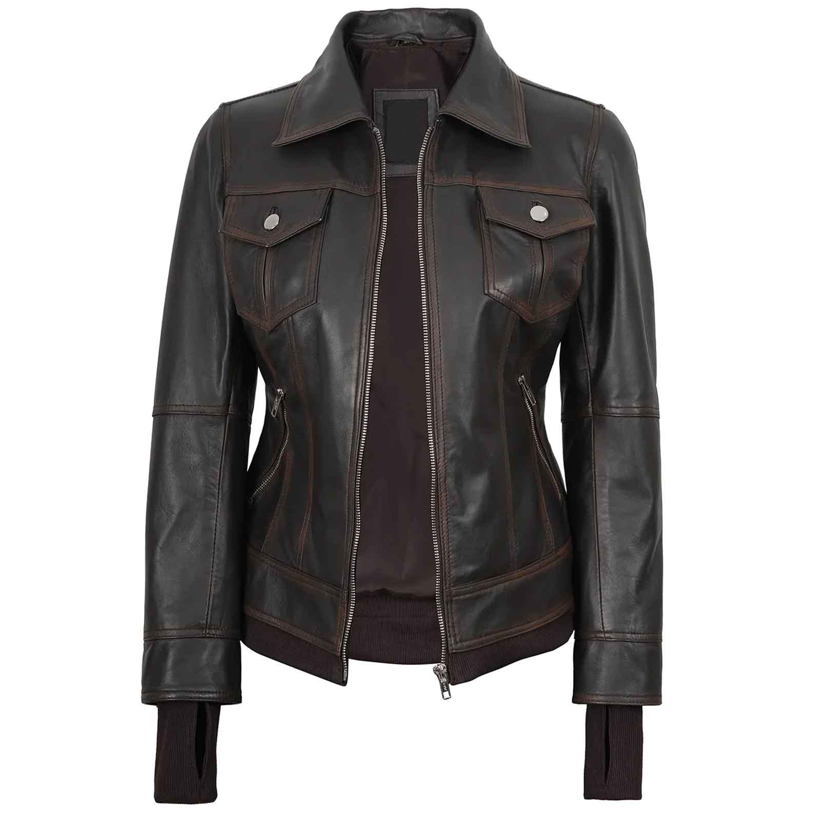 Tralee Women’s Dark Brown Leather Bomber Jacket – Removable Hood | Regals Leather