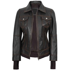 Tralee Women’s Dark Brown Leather Bomber Jacket – Removable Hood | Regals Leather
