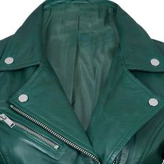 Green Lambskin Leather Biker Jacket For Women  Slim Fit Racer Style