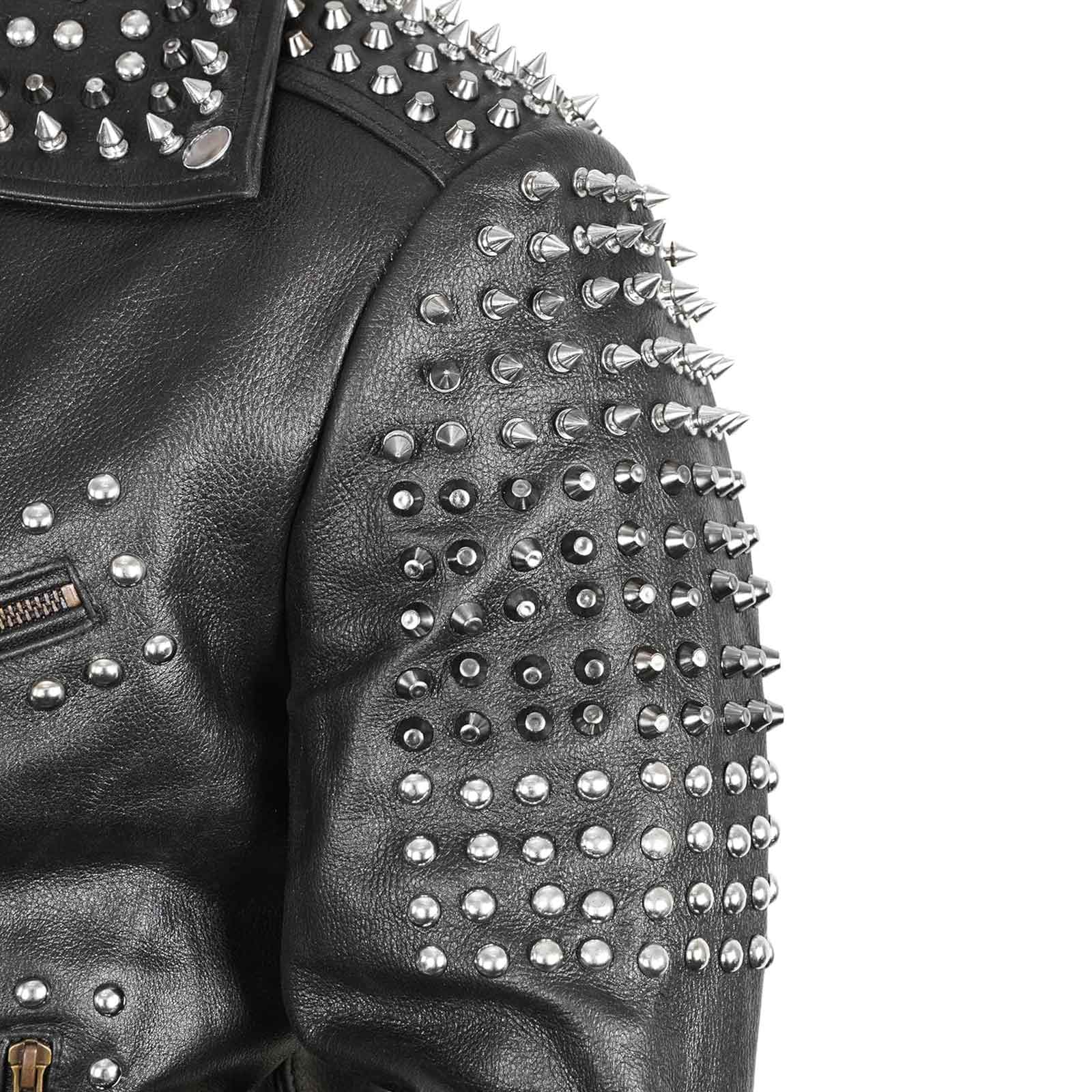 Mens Brando Studded Jacket Black Motorcycle Rock Punk Spiked Brando Biker Genuine Leather Jacket