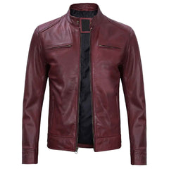 Dodge Men's Cafe Racer Biker Style Burgundy Lambskin Leather Jacket