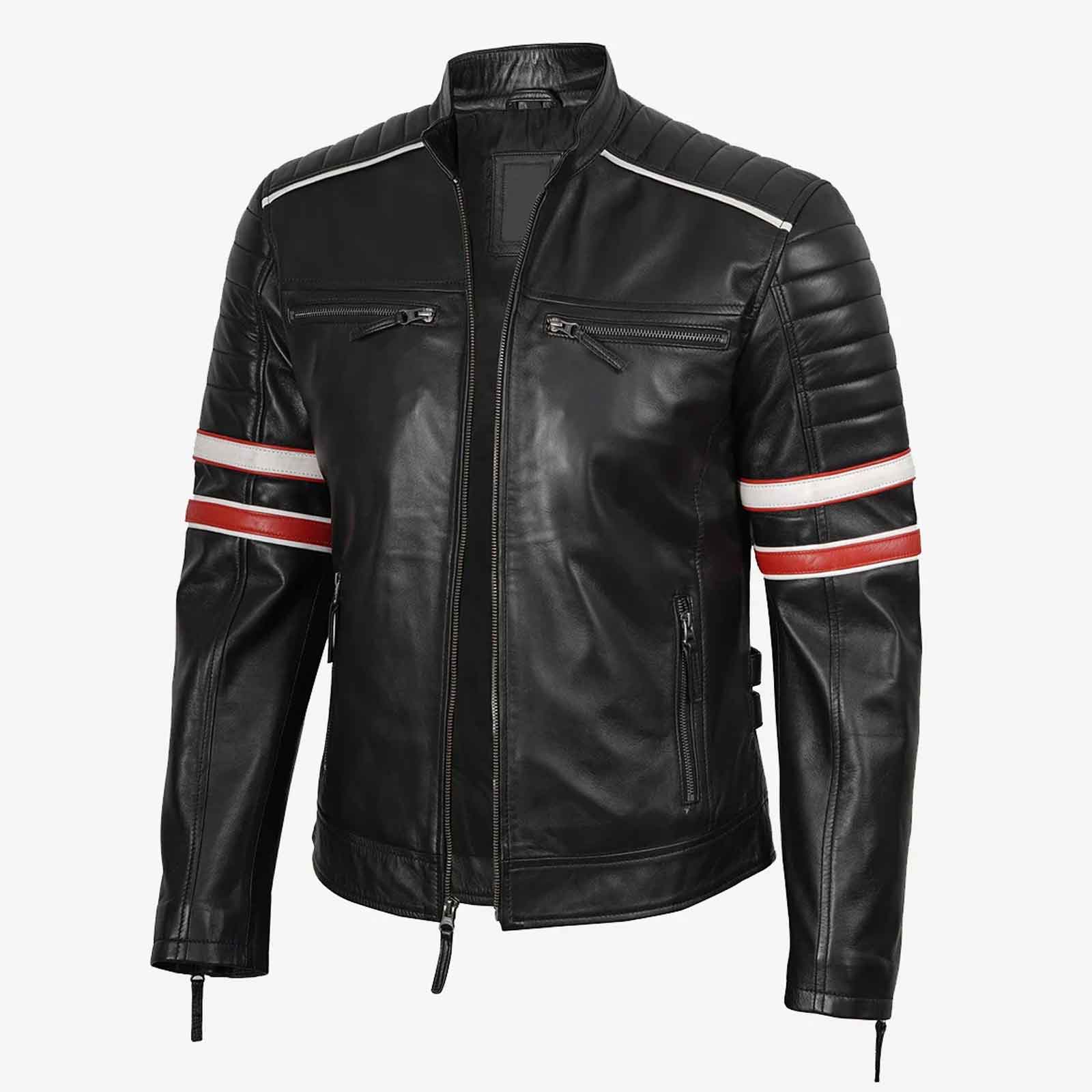 Biker Casual Fit Men’s Black Cafe Racer Leather Jacket with Dual Stripes