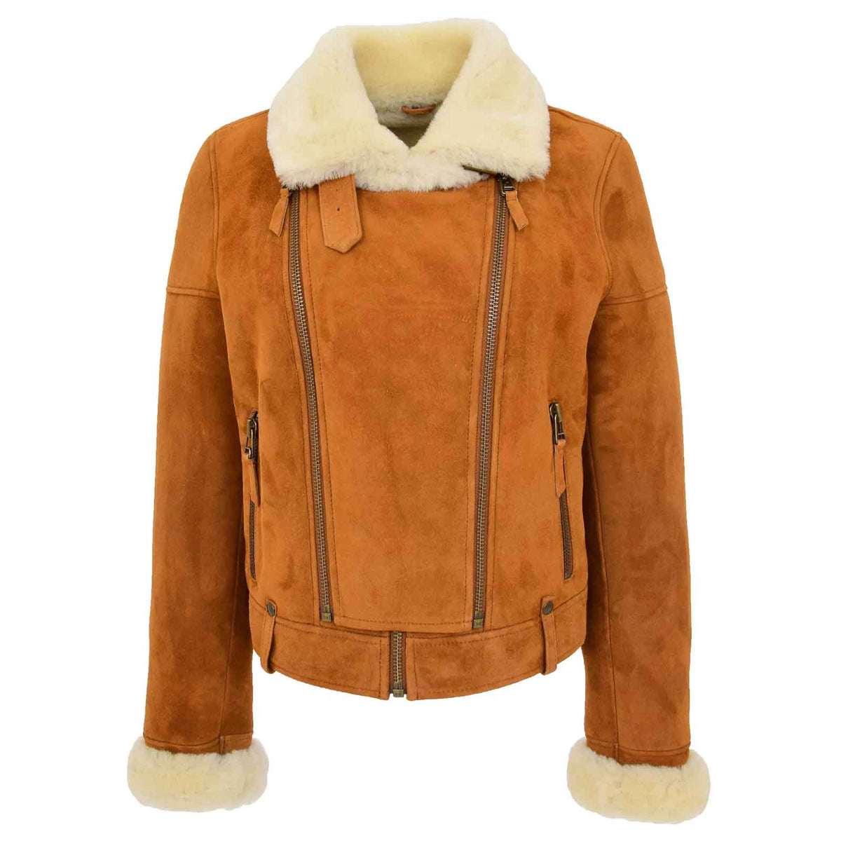 Regals Leather Women’s Sheepskin Aviator Pilot Jacket in Tan White