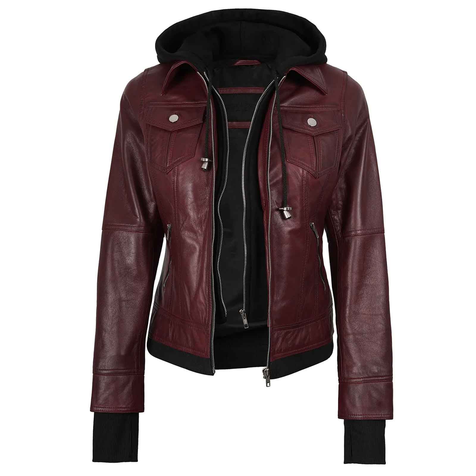 Lightweight Real Leather Women's Bomber Burgundy Jacket with Hood | Regals Leather