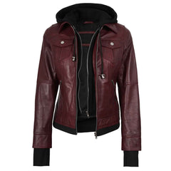 Lightweight Real Leather Women's Bomber Burgundy Jacket with Hood | Regals Leather
