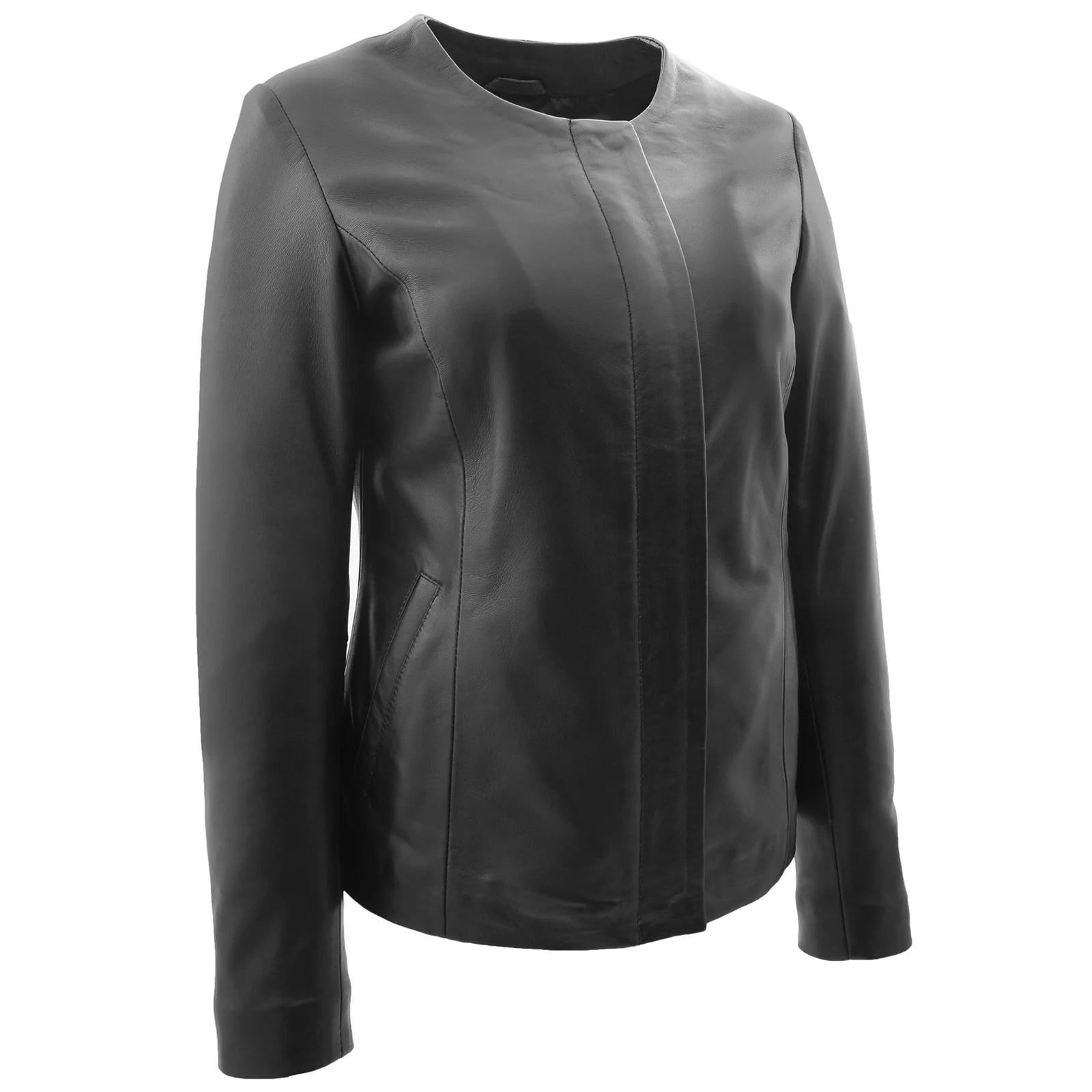 Lambskin Stylish Women's Collarless Round Neck Leather Jacket Moreno Black