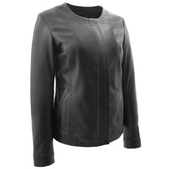 Lambskin Stylish Women's Collarless Round Neck Leather Jacket Moreno Black
