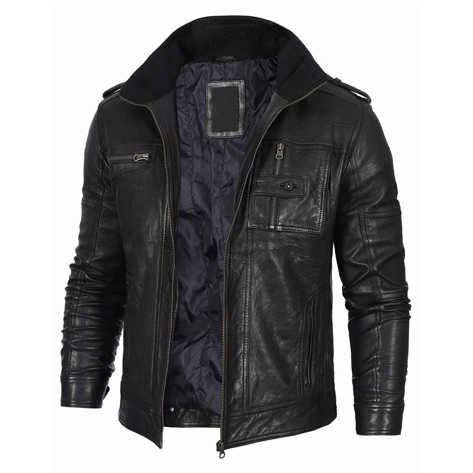 Regals Leather Men's Black Waxed Cafe Racer Style Lambskin Leather Jacket