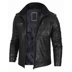Regals Leather Men's Black Waxed Cafe Racer Style Lambskin Leather Jacket