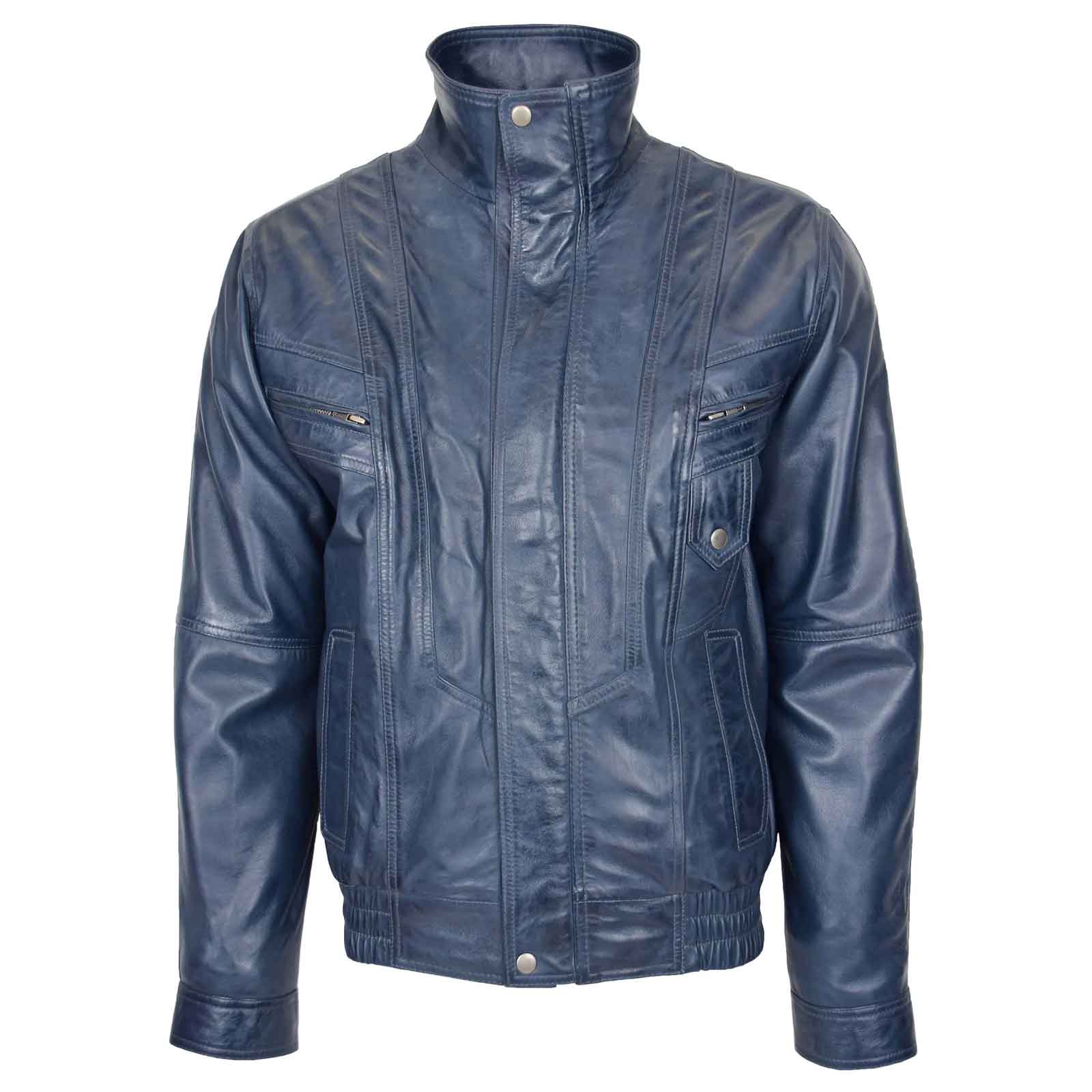 Men’s Leather Bomber Blouson Jacket – Robert Blue Classic Style