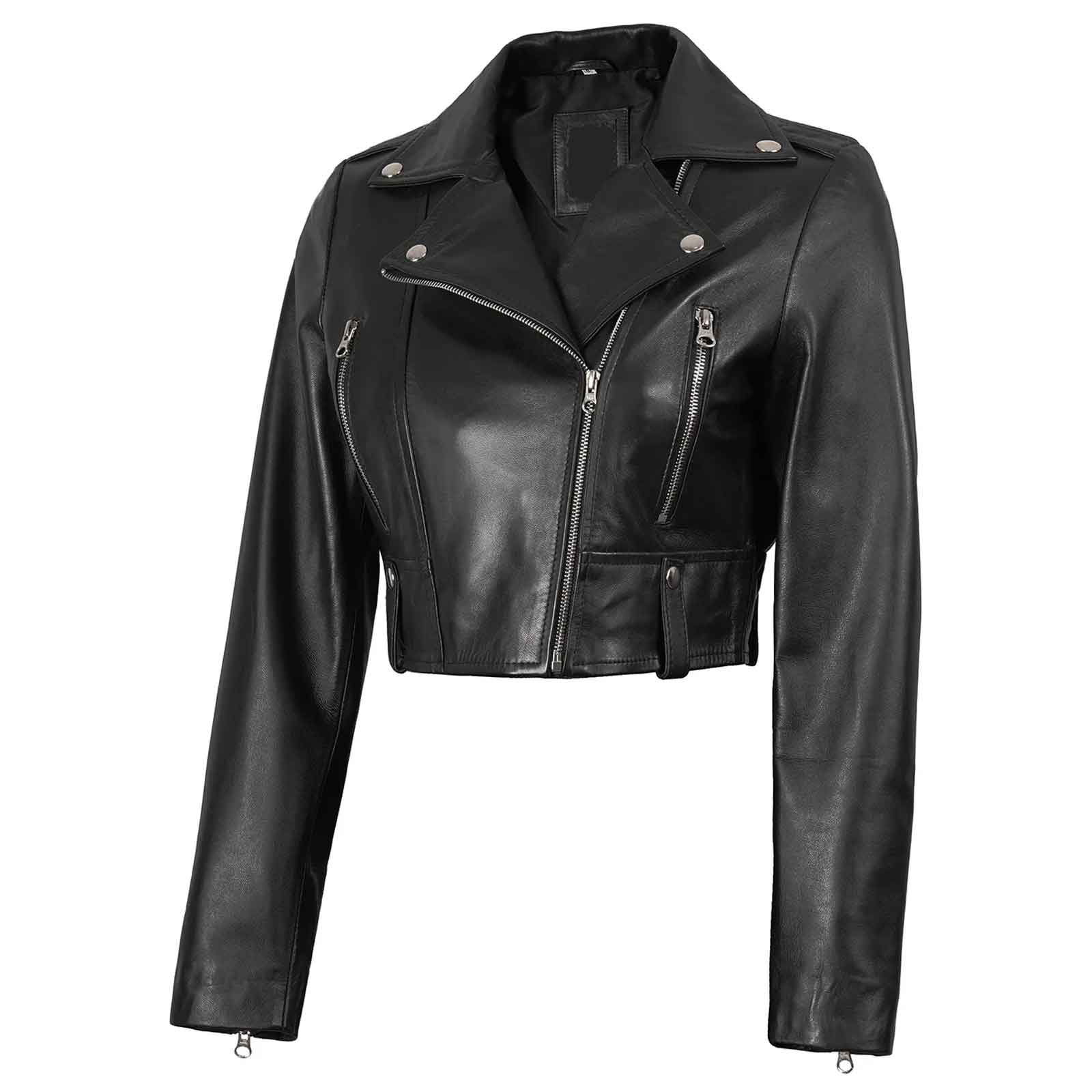 Genuine Lambskin Colleen Women’s Cropped Black Biker Style Leather Jacket