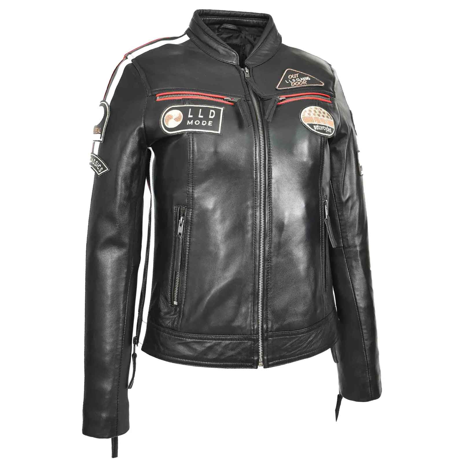 Women’s Black Leather Cafe Racer Biker Jacket – Motorcycle Style with Rosa Badges