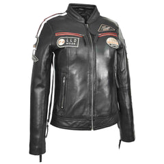 Women’s Black Leather Cafe Racer Biker Jacket – Motorcycle Style with Rosa Badges