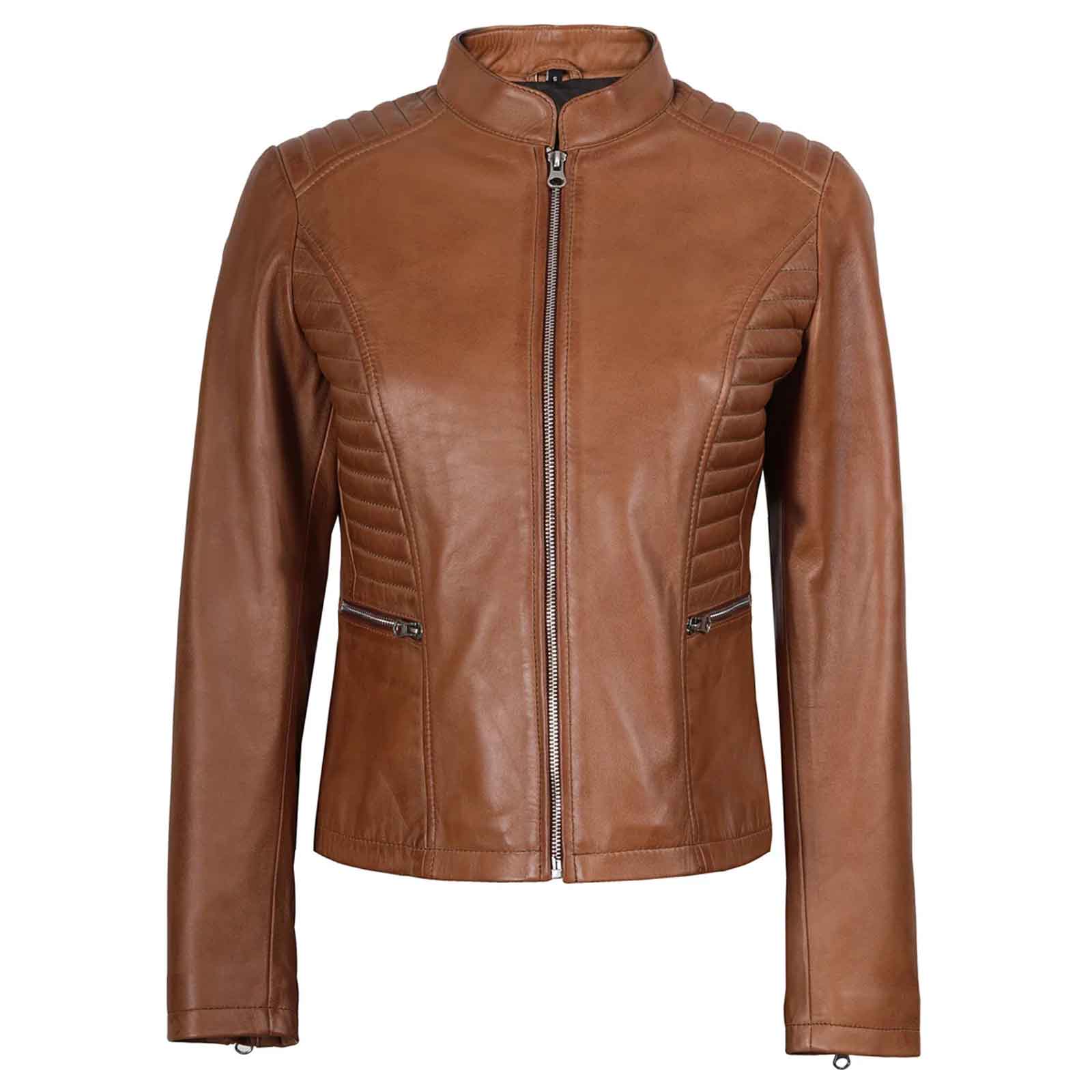 Women’s Tan Real Leather Cafe Racer Jacket – Rachel Biker Style