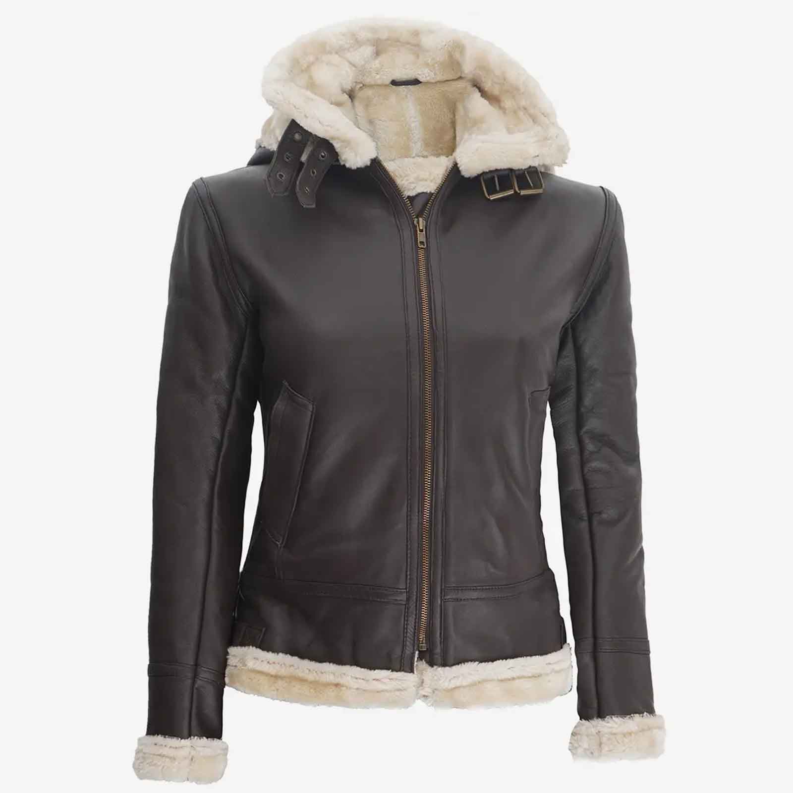 Women’s Dark Brown Hooded Shearling Leather Jacket – Warm Winter Fashion Coat