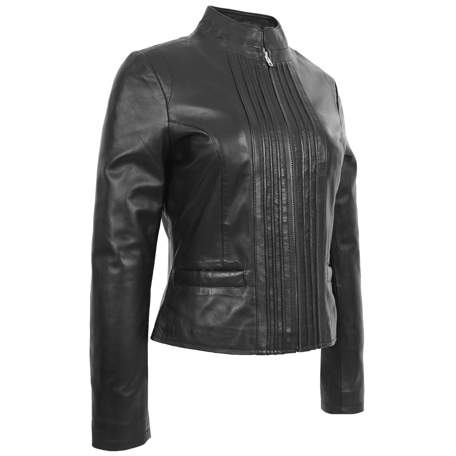 Women’s Black Leather Casual Jacket with Standing Collar – Regals Leather