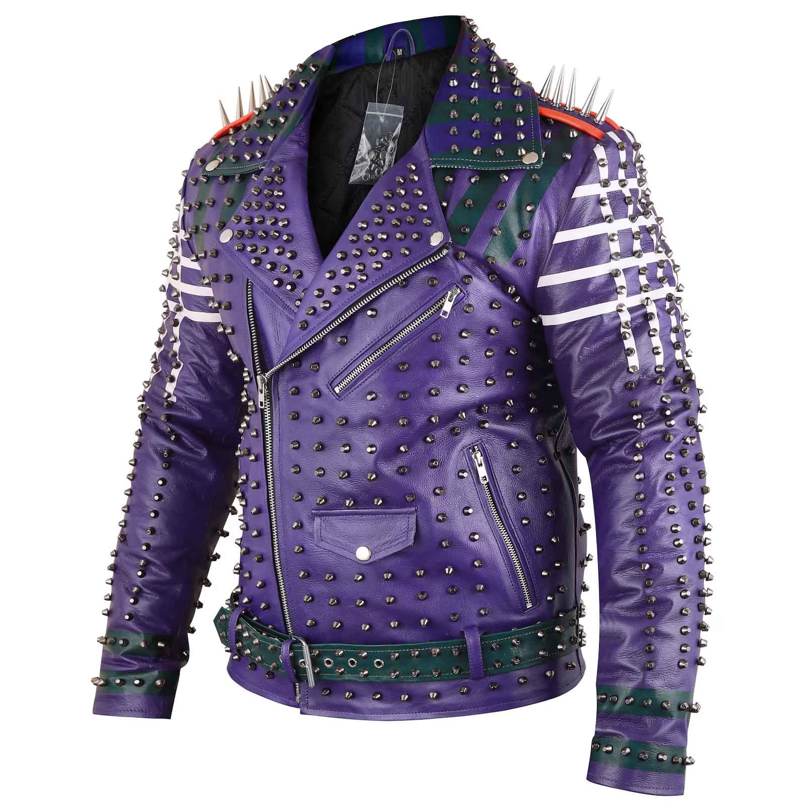 Men's Purple Spiked Leather Jacket | Studded Biker Coat for Punk & Gothic Style