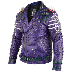 Men's Purple Spiked Leather Jacket | Studded Biker Coat for Punk & Gothic Style