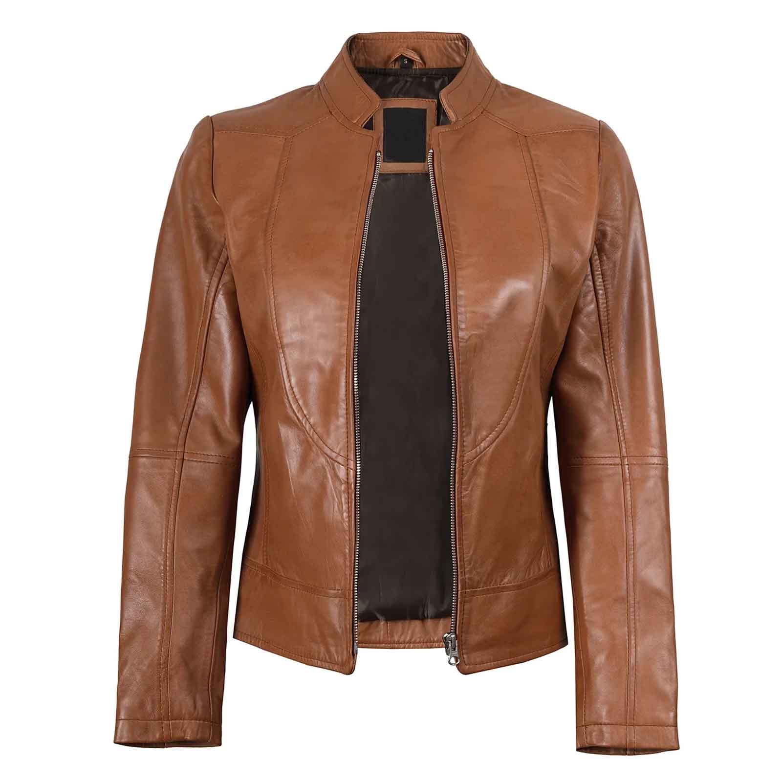 Regals Leather Amy Women's Cafe Racer Tan Brown Real Leather Jacket
