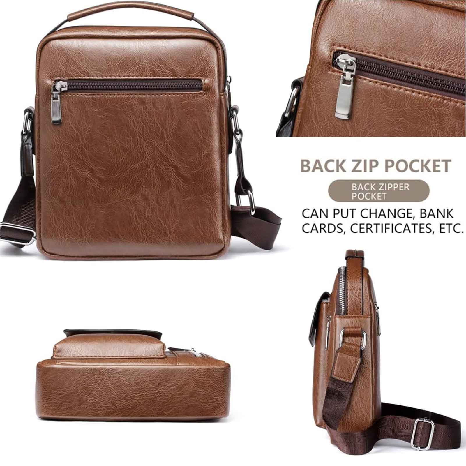 Men’s Small Leather Shoulder Bag Crossbody Messenger Handbag – Travel, Work & Business iPad 7.9'' Bag Dark Brown