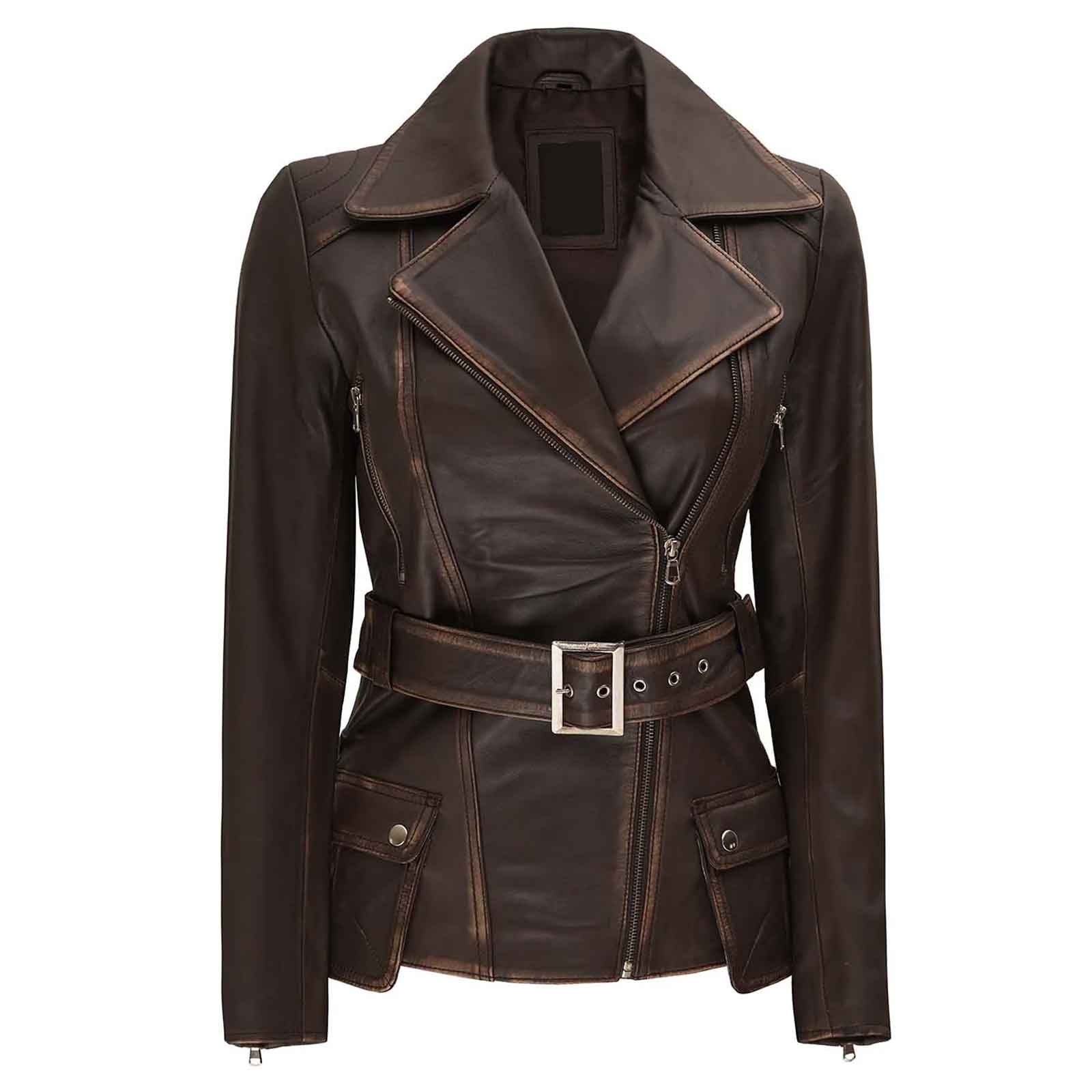 Women's Distressed Brown Asymmetrical Genuine Leather Biker Style Jacket