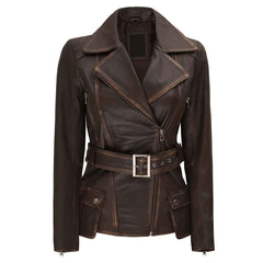 Women's Distressed Brown Asymmetrical Genuine Leather Biker Style Jacket