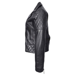 Women’s Real Leather Biker Jacket Black – Nixi Multi Cross Zip Quilted