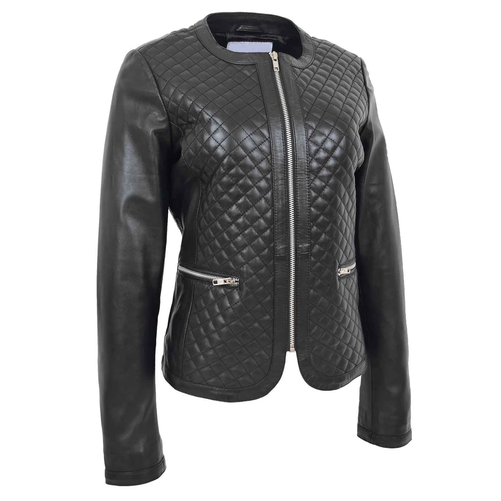 Fashion Women's Leather Collarless Jacket With Quilt Design Joan Black