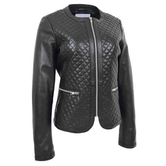 Fashion Women's Leather Collarless Jacket With Quilt Design Joan Black