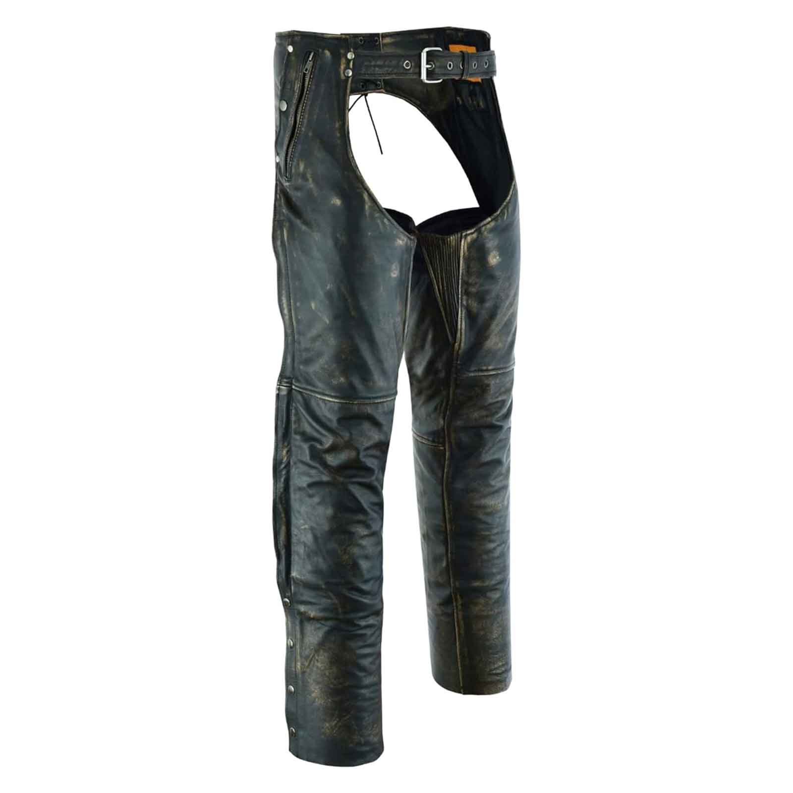 Mens Distressed Brown Leather Motorcycle Chaps with Zip Out Liner - Durable, Adjustable, and Stylish