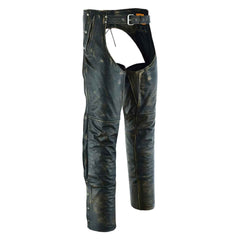 Mens Distressed Brown Leather Motorcycle Chaps with Zip Out Liner - Durable, Adjustable, and Stylish