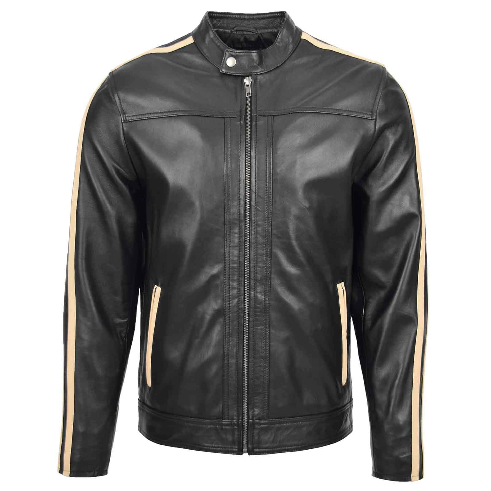 Clyde Black Men’s Leather Jacket – Classic Biker Style with Stripes