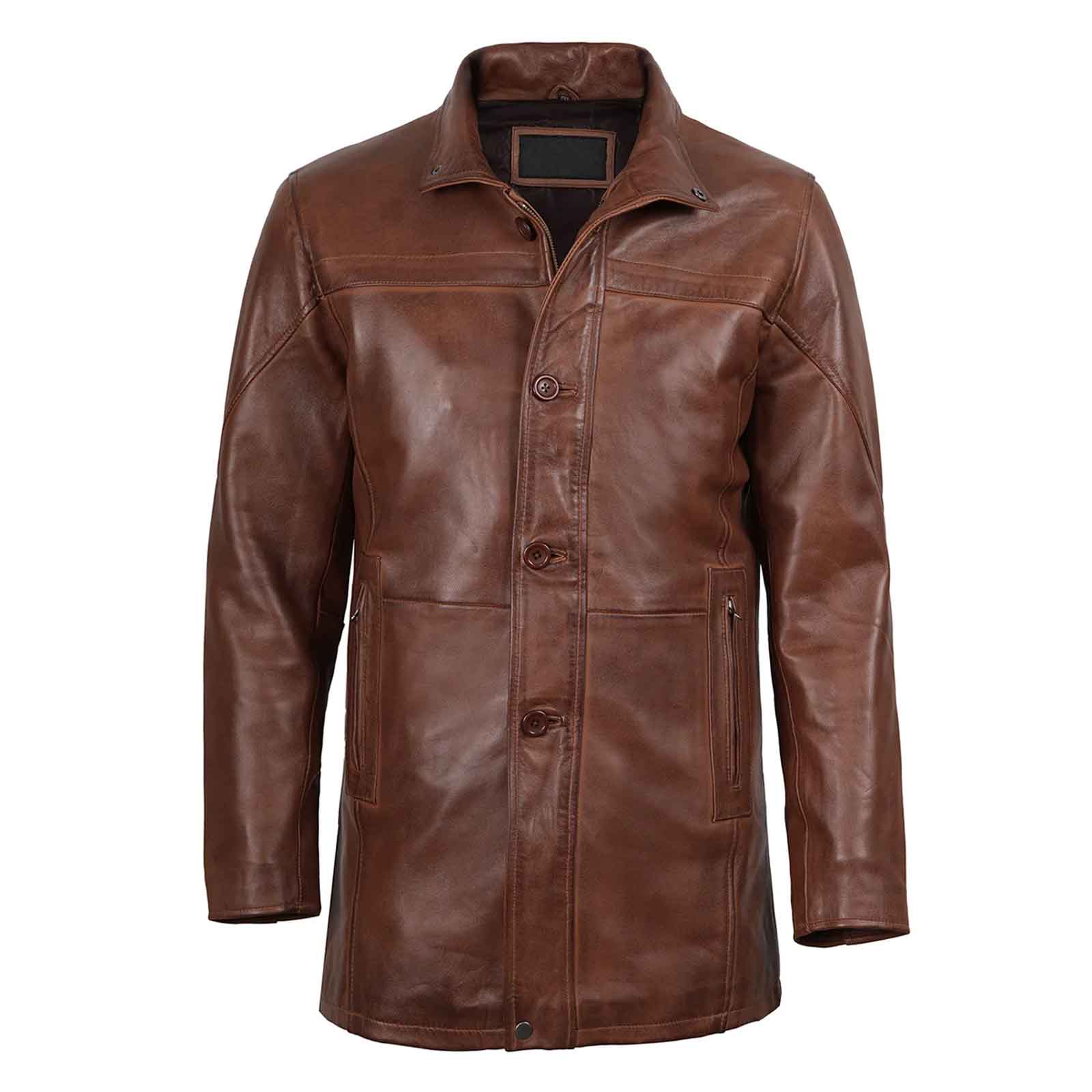 Regals Leather Durable Bristol Men's Vintage Cognac Brown Leather Car Coat