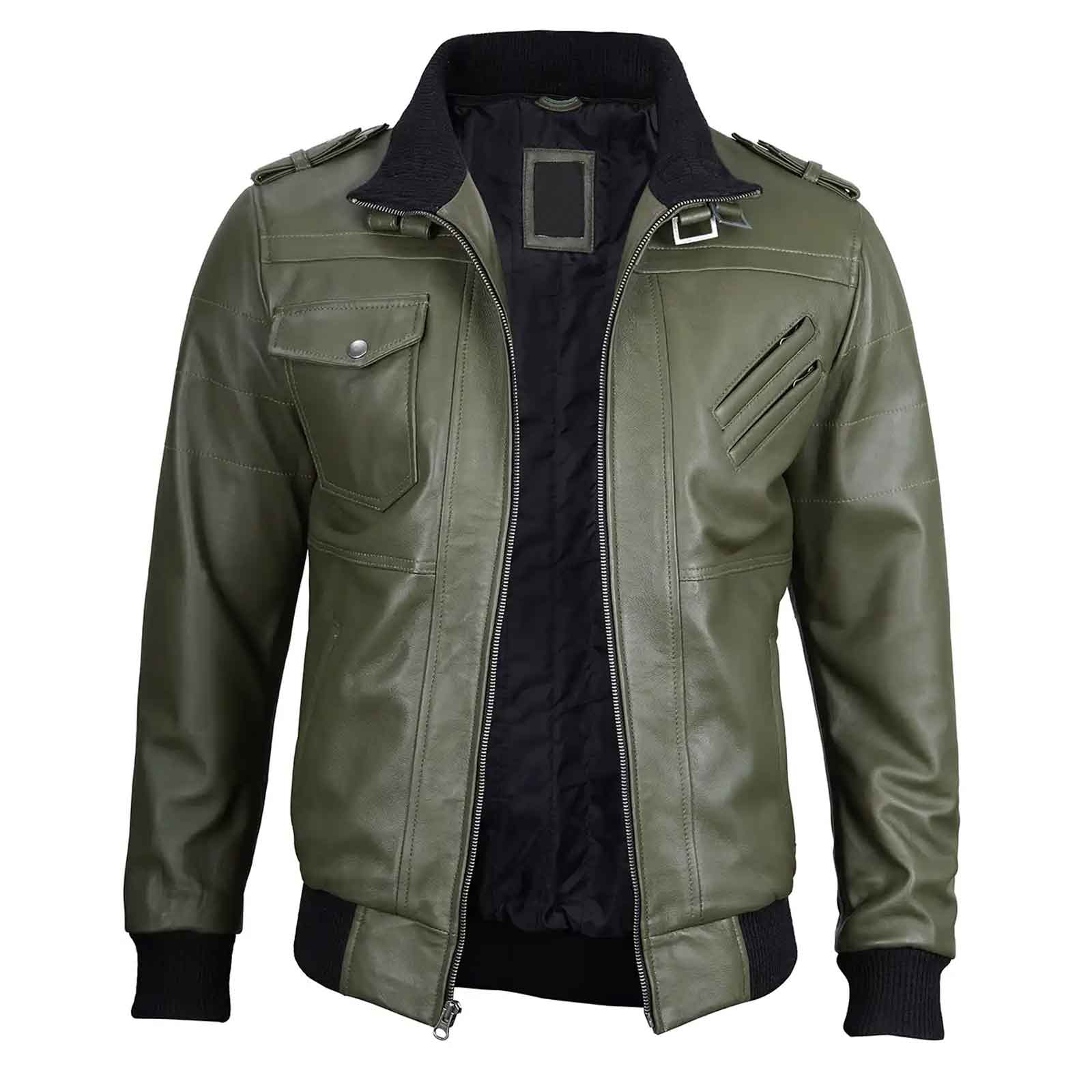 Vintage Handcrafted Men's Military Green Leather Jacket with Removable Hood