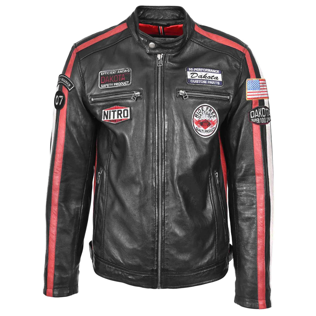 Men’s Black Leather Biker Jacket with Motorsport Logos – Bobby Racer Jacket