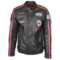 Men’s Black Leather Biker Jacket with Motorsport Logos – Bobby Racer Jacket