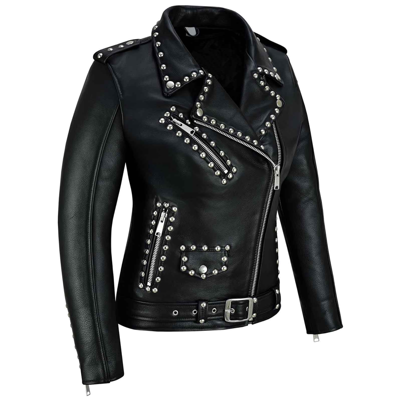 High Quality Iron Stud Women’s Studded Leather Biker Jacket