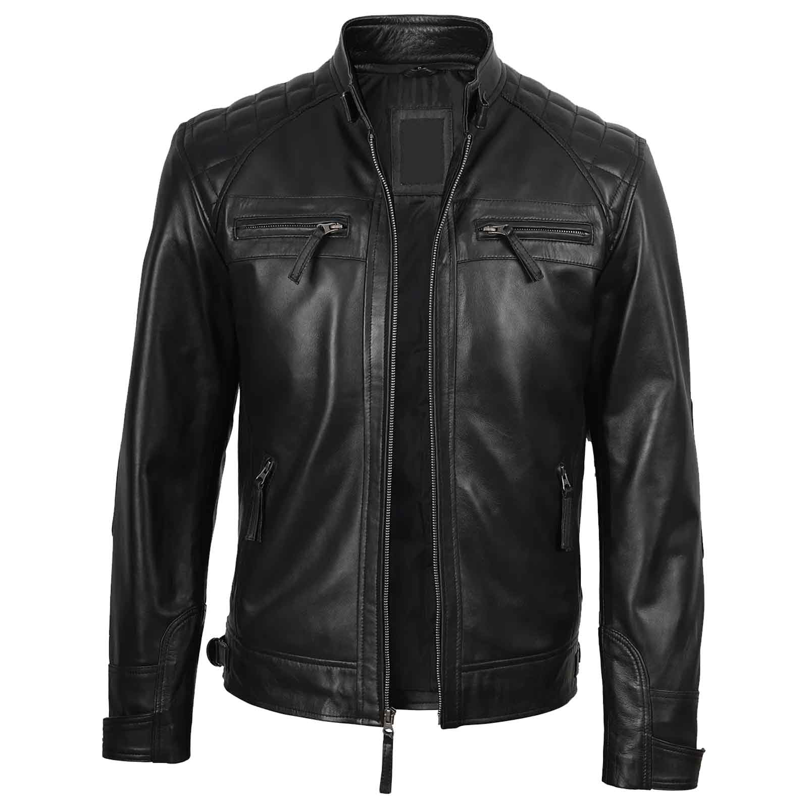Johnson Men's Quilted Vintage Biker Style Black Genuine Leather Jacket