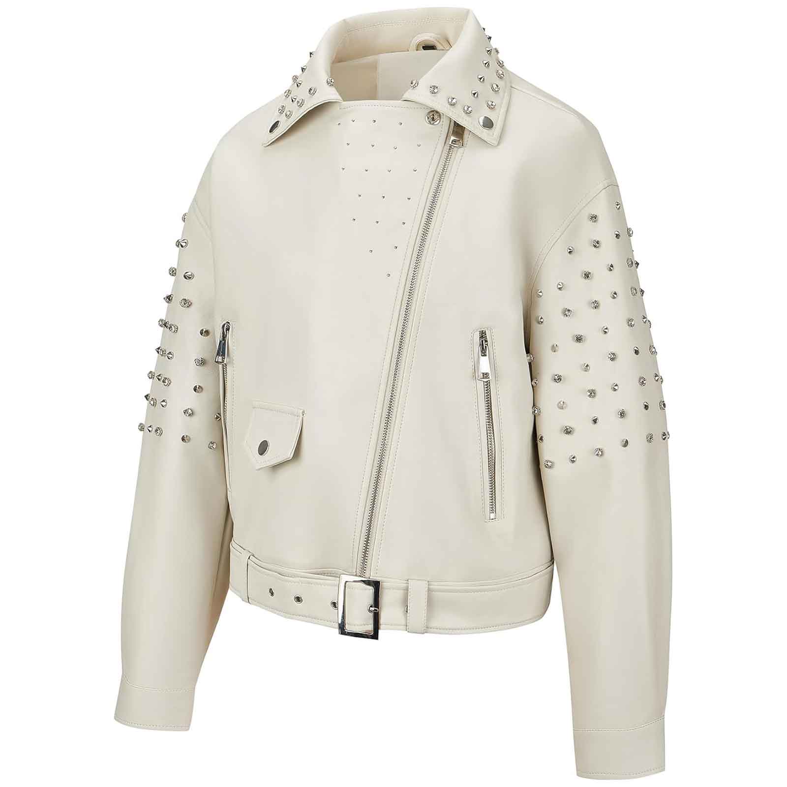 Women’s Faux Leather Studded Rivet Jacket – Short Moto Biker Coat with Stand Collar